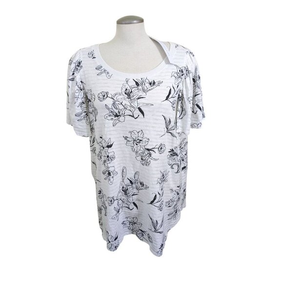 Jane Delancey Womens Top Plus 1X Black White Floral Ruffle Short Sleeve Cotton - Picture 1 of 7